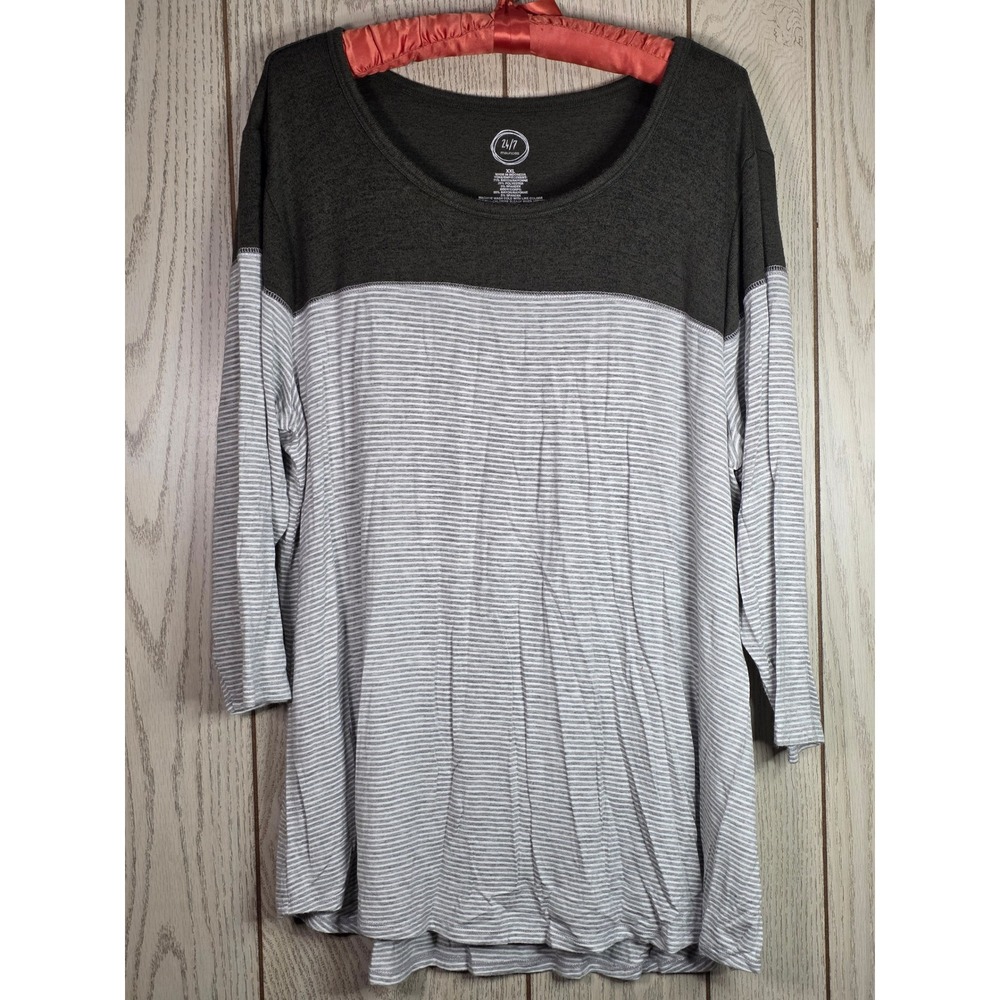 Maurices 24/7 Striped Tunic Top XXL Olive Green Grey Colorblock 3/4 Sleeve